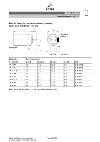 Bent 90° leads for horizontal mounting pinning
Last 3 digits of ordering code: 012
Case size Dimensions (mm)
d × l (mm) C ±0.5 E ±0.5 F ±0.5 a ±0.5 ∅b
16 × 20 4.0 4.0 12.0 7.5 0.8 ±0.05
16 × 25 4.0 4.0 12.0 7.5 0.8 ±0.05
16 × 31.5 4.0 4.0 12.0 7.5 0.8 ±0.05
18 × 20 4.0 4.0 13.0 7.5 0.8 ±0.1
18 × 25 4.0 4.0 13.0 7.5 0.8 ±0.1
18 × 31.5 4.0 4.0 13.0 7.5 0.8 ±0.1
18 × 35 4.0 4.0 13.0 7.5 0.8 ±0.1
18 × 40 4.0 4.0 13.0 7.5 0.8 ±0.1
Bent leads for diameter 12.5 mm available upon request.
B41821, B43821
Standard series 85 °C
Page 27 of 35Please read Cautions and warnings and
Important notes at the end of this document.
 
