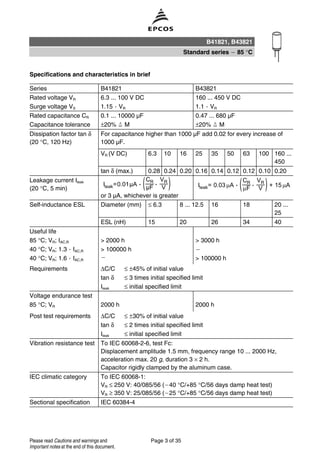 Specifications and characteristics in brief
Series B41821 B43821
Rated voltage VR 6.3 ... 100 V DC 160 ... 450 V DC
Surge voltage VS 1.15 VR 1.1 VR
Rated capacitance CR 0.1 ... 10000 µF 0.47 ... 680 µF
Capacitance tolerance ±20% M ±20% M
Dissipation factor tan δ
(20 °C, 120 Hz)
For capacitance higher than 1000 µF add 0.02 for every increase of
1000 µF.
VR (V DC) 6.3 10 16 25 35 50 63 100 160 ...
450
tan δ (max.) 0.28 0.24 0.20 0.16 0.14 0.12 0.12 0.10 0.20
Leakage current Ileak
(20 °C, 5 min)
or 3 µA, whichever is greater
Self-inductance ESL Diameter (mm) ≤ 6.3 8 ... 12.5 16 18 20 ...
25
ESL (nH) 15 20 26 34 40
Useful life
85 °C; VR; IAC,R > 2000 h > 3000 h
40 °C; VR; 1.3 IAC,R > 100000 h
40 °C; VR; 1.6 IAC,R > 100000 h
Requirements ∆C/C ≤ ±45% of initial value
tan δ ≤ 3 times initial specified limit
Ileak ≤ initial specified limit
Voltage endurance test
85 °C; VR 2000 h 2000 h
Post test requirements ∆C/C ≤ ±30% of initial value
tan δ ≤ 2 times initial specified limit
Ileak ≤ initial specified limit
Vibration resistance test To IEC 60068-2-6, test Fc:
Displacement amplitude 1.5 mm, frequency range 10 ... 2000 Hz,
acceleration max. 20 g, duration 3 × 2 h.
Capacitor rigidly clamped by the aluminum case.
IEC climatic category To IEC 60068-1:
VR ≤ 250 V: 40/085/56 ( 40 °C/+85 °C/56 days damp heat test)
VR ≥ 350 V: 25/085/56 ( 25 °C/+85 °C/56 days damp heat test)
Sectional specification IEC 60384-4
B41821, B43821
Standard series 85 °C
Page 3 of 35Please read Cautions and warnings and
Important notes at the end of this document.
 