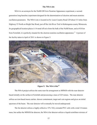 12
The NOvA site
NOvA is an acronym for the NuMI Off-Axis Neutrino Appearance experiment, a second-
generation long-baseline experiment designed for the determination of electron and muon neutrino
oscillation parameters. The NOvA site is located on St. Louis Country Road 129 about 5.5 miles from
Highway 53 North on Bright Star Road, just off the Ash River Trail in Kabetogama county Minnesota.
Its geographical location places it 14 mrad off-axis from the bulk of the NuMI beam, and at 810 km
from Fermilab, it is perfectly situated for the electron neutrino oscillation appearance.11
A picture of
the facility taken in April of 2011 is shown in Figure 5.
Figure 5. The NOvA Site12
The NOvA project utilizes the same near-far arrangement as MINOS with the near detector
based initially on the surface at Fermilab and possessing a mass of 225 tonnes. The near detector
utilizes an iron-based muon catcher, shower containment, target and veto regions and gives an initial
spectrum of the beam. The near detector will eventually be moved underground.
The far detector utilizes a highly reflective 15% TiO2 extruded PVC cells with a total 14 tonnes
mass, but unlike the MINOS far detector, the NOvA far detector utilizes a liquid scintillator mixture of
 