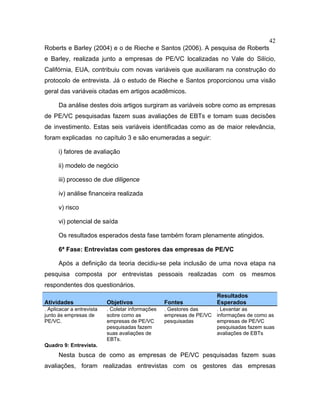 42
Roberts e Barley (2004) e o de Rieche e Santos (2006). A pesquisa de Roberts
e Barley, realizada junto a empresas de PE/VC localizadas no Vale do Silício,
Califórnia, EUA, contribuiu com novas variáveis que auxiliaram na construção do
protocolo de entrevista. Já o estudo de Rieche e Santos proporcionou uma visão
geral das variáveis citadas em artigos acadêmicos.
Da análise destes dois artigos surgiram as variáveis sobre como as empresas
de PE/VC pesquisadas fazem suas avaliações de EBTs e tomam suas decisões
de investimento. Estas seis variáveis identificadas como as de maior relevância,
foram explicadas no capítulo 3 e são enumeradas a seguir:
i) fatores de avaliação
ii) modelo de negócio
iii) processo de due diligence
iv) análise financeira realizada
v) risco
vi) potencial de saída
Os resultados esperados desta fase também foram plenamente atingidos.
6ª Fase: Entrevistas com gestores das empresas de PE/VC
Após a definição da teoria decidiu-se pela inclusão de uma nova etapa na
pesquisa composta por entrevistas pessoais realizadas com os mesmos
respondentes dos questionários.
Atividades Objetivos Fontes
Resultados
Esperados
. Aplicacar a entrevista
junto às empresas de
PE/VC.
. Coletar informações
sobre como as
empresas de PE/VC
pesquisadas fazem
suas avaliações de
EBTs.
. Gestores das
empresas de PE/VC
pesquisadas
. Levantar as
informações de como as
empresas de PE/VC
pesquisadas fazem suas
avaliações de EBTs
Quadro 9: Entrevista.
Nesta busca de como as empresas de PE/VC pesquisadas fazem suas
avaliações, foram realizadas entrevistas com os gestores das empresas
 