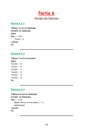 Partie 6
Corrigés des Exercices
Exercice 6.1
Tableau Truc(6) en Numérique
Variable i en Numérique
Debut
Pour i ← 0 à 6
Truc(i) ← 0
i Suivant
Fin
Exercice 6.2
Tableau Truc(5) en Caractère
Debut
Truc(0) ← "a"
Truc(1) ← "e"
Truc(2) ← "i"
Truc(3) ← "o"
Truc(4) ← "u"
Truc(5) ← "y"
Fin
Exercice 6.3
Tableau Notes(8) en Numérique
Variable i en Numérique
Pour i ← 0 à 8
Ecrire "Entrez la note numéro ", i + 1
Lire Notes(i)
i Suivant
Fin
118
 