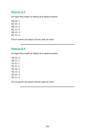 Exercice 8.3
Cet algorithme remplit un tableau de la manière suivante:
X(0, 0) = 1
X(1, 0) = 4
X(0, 1) = 2
X(1, 1) = 5
X(0, 2) = 3
X(1, 2) = 6
Il écrit ensuite ces valeurs à l’écran, dans cet ordre.
Exercice 8.4
Cet algorithme remplit un tableau de la manière suivante:
T(0, 0) = 0
T(0, 1) = 1
T(1, 0) = 1
T(1, 1) = 2
T(2, 0) = 2
T(2, 1) = 3
T(3, 0) = 3
T(3, 1) = 4
Il écrit ensuite ces valeurs à l’écran, dans cet ordre.
153
 