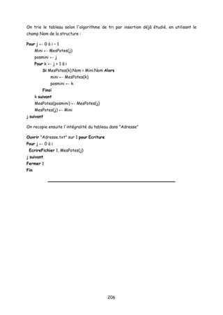 On trie le tableau selon l'algorithme de tri par insertion déjà étudié, en utilisant le
champ Nom de la structure :
Pour j ← 0 à i – 1
Mini ← MesPotes(j)
posmini ← j
Pour k ← j + 1 à i
Si MesPotes(k).Nom < Mini.Nom Alors
mini ← MesPotes(k)
posmini ← k
Finsi
k suivant
MesPotes(posmini) ← MesPotes(j)
MesPotes(j) ← Mini
j suivant
On recopie ensuite l'intégralité du tableau dans "Adresse"
Ouvrir "Adresse.txt" sur 1 pour Ecriture
Pour j ← 0 à i
EcrireFichier 1, MesPotes(j)
j suivant
Fermer 1
Fin
206
 