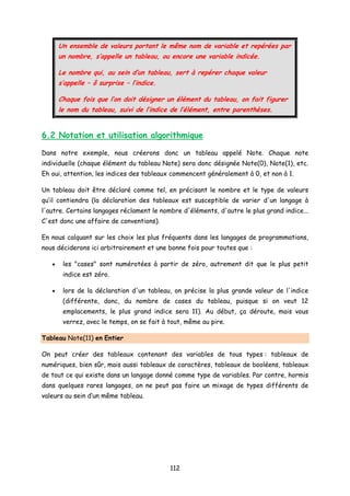 Un ensemble de valeurs portant le même nom de variable et repérées par
un nombre, s’appelle un tableau, ou encore une variable indicée.
Le nombre qui, au sein d’un tableau, sert à repérer chaque valeur
s’appelle – ô surprise – l’indice.
Chaque fois que l’on doit désigner un élément du tableau, on fait figurer
le nom du tableau, suivi de l’indice de l’élément, entre parenthèses.
6.2 Notation et utilisation algorithmique
Dans notre exemple, nous créerons donc un tableau appelé Note. Chaque note
individuelle (chaque élément du tableau Note) sera donc désignée Note(0), Note(1), etc.
Eh oui, attention, les indices des tableaux commencent généralement à 0, et non à 1.
Un tableau doit être déclaré comme tel, en précisant le nombre et le type de valeurs
qu’il contiendra (la déclaration des tableaux est susceptible de varier d'un langage à
l'autre. Certains langages réclament le nombre d'éléments, d'autre le plus grand indice...
C'est donc une affaire de conventions).
En nous calquant sur les choix les plus fréquents dans les langages de programmations,
nous déciderons ici arbitrairement et une bonne fois pour toutes que :
• les "cases" sont numérotées à partir de zéro, autrement dit que le plus petit
indice est zéro.
• lors de la déclaration d'un tableau, on précise la plus grande valeur de l'indice
(différente, donc, du nombre de cases du tableau, puisque si on veut 12
emplacements, le plus grand indice sera 11). Au début, ça déroute, mais vous
verrez, avec le temps, on se fait à tout, même au pire.
Tableau Note(11) en Entier
On peut créer des tableaux contenant des variables de tous types : tableaux de
numériques, bien sûr, mais aussi tableaux de caractères, tableaux de booléens, tableaux
de tout ce qui existe dans un langage donné comme type de variables. Par contre, hormis
dans quelques rares langages, on ne peut pas faire un mixage de types différents de
valeurs au sein d’un même tableau.
112
 
