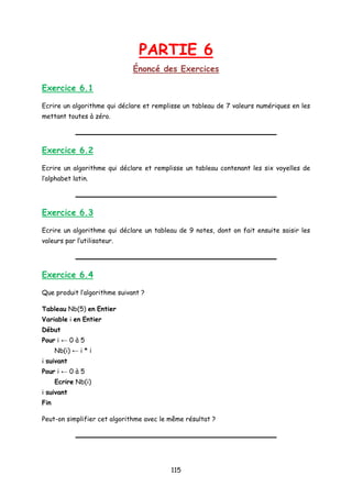 PARTIE 6
Énoncé des Exercices
Exercice 6.1
Ecrire un algorithme qui déclare et remplisse un tableau de 7 valeurs numériques en les
mettant toutes à zéro.
Exercice 6.2
Ecrire un algorithme qui déclare et remplisse un tableau contenant les six voyelles de
l’alphabet latin.
Exercice 6.3
Ecrire un algorithme qui déclare un tableau de 9 notes, dont on fait ensuite saisir les
valeurs par l’utilisateur.
Exercice 6.4
Que produit l’algorithme suivant ?
Tableau Nb(5) en Entier
Variable i en Entier
Début
Pour i ← 0 à 5
Nb(i) ← i * i
i suivant
Pour i ← 0 à 5
Ecrire Nb(i)
i suivant
Fin
Peut-on simplifier cet algorithme avec le même résultat ?
115
 