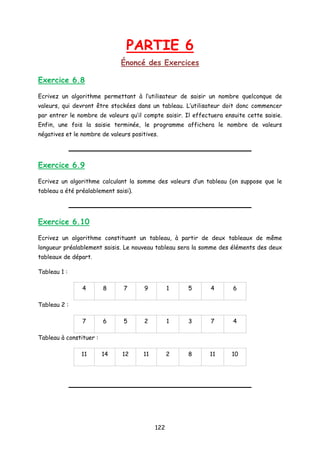 PARTIE 6
Énoncé des Exercices
Exercice 6.8
Ecrivez un algorithme permettant à l’utilisateur de saisir un nombre quelconque de
valeurs, qui devront être stockées dans un tableau. L’utilisateur doit donc commencer
par entrer le nombre de valeurs qu’il compte saisir. Il effectuera ensuite cette saisie.
Enfin, une fois la saisie terminée, le programme affichera le nombre de valeurs
négatives et le nombre de valeurs positives.
Exercice 6.9
Ecrivez un algorithme calculant la somme des valeurs d’un tableau (on suppose que le
tableau a été préalablement saisi).
Exercice 6.10
Ecrivez un algorithme constituant un tableau, à partir de deux tableaux de même
longueur préalablement saisis. Le nouveau tableau sera la somme des éléments des deux
tableaux de départ.
Tableau 1 :
4 8 7 9 1 5 4 6
Tableau 2 :
7 6 5 2 1 3 7 4
Tableau à constituer :
11 14 12 11 2 8 11 10
122
 