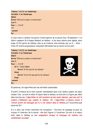 Tableau Tab(19) en Numérique
Variable N en Numérique
Début
Ecrire "Entrez la valeur à rechercher"
Lire N
Pour i ← 0 à 19
???
i suivant
Fin
Il nous reste à combler les points d'interrogation de la boucle Pour. Évidemment, il va
falloir comparer N à chaque élément du tableau : si les deux valeurs sont égales, alors
bingo, N fait partie du tableau. Cela va se traduire, bien entendu, par un Si … Alors …
Sinon. Et voilà le programmeur raisonnant hâtivement qui se vautre en écrivant :
Tableau Tab(19) en Numérique
Variable N en Numérique
Début
Ecrire "Entrez la valeur à rechercher"
Lire N
Pour i ← 0 à 19
Si N = Tab(i) Alors
Ecrire "N fait partie du tableau"
Sinon
Ecrire "N ne fait pas partie du tableau"
FinSi
i suivant
Fin
Et patatras, cet algorithme est une véritable catastrophe.
Il suffit d'ailleurs de le faire tourner mentalement pour s'en rendre compte. De deux
choses l'une : ou bien la valeur N figure dans le tableau, ou bien elle n'y figure pas. Mais
dans tous les cas, l'algorithme ne doit produire qu'une seule réponse, quel que soit le
nombre d'éléments que compte le tableau. Or, l'algorithme ci-dessus envoie à
l'écran autant de messages qu'il y a de valeurs dans le tableau, en l'occurrence pas
moins de 20 !
Il y a donc une erreur manifeste de conception : l'écriture du message ne peut se
trouver à l'intérieur de la boucle : elle doit figurer à l'extérieur. On sait si la valeur
était dans le tableau ou non uniquement lorsque le balayage du tableau est
entièrement accompli.
132
 
