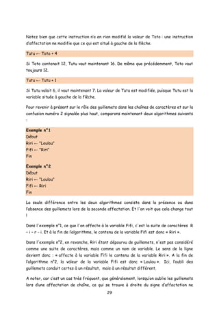 Notez bien que cette instruction n’a en rien modifié la valeur de Toto : une instruction
d’affectation ne modifie que ce qui est situé à gauche de la flèche.
Tutu ← Toto + 4
Si Toto contenait 12, Tutu vaut maintenant 16. De même que précédemment, Toto vaut
toujours 12.
Tutu ← Tutu + 1
Si Tutu valait 6, il vaut maintenant 7. La valeur de Tutu est modifiée, puisque Tutu est la
variable située à gauche de la flèche.
Pour revenir à présent sur le rôle des guillemets dans les chaînes de caractères et sur la
confusion numéro 2 signalée plus haut, comparons maintenant deux algorithmes suivants
:
Exemple n°1
Début
Riri ← "Loulou"
Fifi ← "Riri"
Fin
Exemple n°2
Début
Riri ← "Loulou"
Fifi ← Riri
Fin
La seule différence entre les deux algorithmes consiste dans la présence ou dans
l’absence des guillemets lors de la seconde affectation. Et l'on voit que cela change tout
!
Dans l'exemple n°1, ce que l'on affecte à la variable Fifi, c'est la suite de caractères R
– i – r - i. Et à la fin de l’algorithme, le contenu de la variable Fifi est donc « Riri ».
Dans l'exemple n°2, en revanche, Riri étant dépourvu de guillemets, n'est pas considéré
comme une suite de caractères, mais comme un nom de variable. Le sens de la ligne
devient donc : « affecte à la variable Fifi le contenu de la variable Riri ». A la fin de
l’algorithme n°2, la valeur de la variable Fifi est donc « Loulou ». Ici, l’oubli des
guillemets conduit certes à un résultat, mais à un résultat différent.
A noter, car c’est un cas très fréquent, que généralement, lorsqu’on oublie les guillemets
lors d’une affectation de chaîne, ce qui se trouve à droite du signe d’affectation ne
29
 
