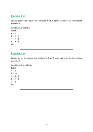 Exercice 1.3
Quelles seront les valeurs des variables A et B après exécution des instructions
suivantes ?
Variables A, B en Entier
Début
A ← 5
B ← A + 4
A ← A + 1
B ← A – 4
Fin
Exercice 1.4
Quelles seront les valeurs des variables A, B et C après exécution des instructions
suivantes ?
Variables A, B, C en Entier
Début
A ← 3
B ← 10
C ← A + B
B ← A + B
A ← C
Fin
33
 