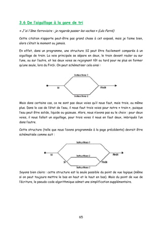 3.6 De l’aiguillage à la gare de tri
« J'ai l'âme ferroviaire : je regarde passer les vaches » (Léo Ferré)
Cette citation n’apporte peut-être pas grand chose à cet exposé, mais je l’aime bien,
alors c’était le moment ou jamais.
En effet, dans un programme, une structure SI peut être facilement comparée à un
aiguillage de train. La voie principale se sépare en deux, le train devant rouler ou sur
l’une, ou sur l’autre, et les deux voies se rejoignant tôt ou tard pour ne plus en former
qu’une seule, lors du FinSi. On peut schématiser cela ainsi :
Mais dans certains cas, ce ne sont pas deux voies qu’il nous faut, mais trois, ou même
plus. Dans le cas de l’état de l’eau, il nous faut trois voies pour notre « train », puisque
l’eau peut être solide, liquide ou gazeuse. Alors, nous n’avons pas eu le choix : pour deux
voies, il nous fallait un aiguillage, pour trois voies il nous en faut deux, imbriqués l’un
dans l’autre.
Cette structure (telle que nous l’avons programmée à la page précédente) devrait être
schématisée comme suit :
Soyons bien clairs : cette structure est la seule possible du point de vue logique (même
si on peut toujours mettre le bas en haut et le haut en bas). Mais du point de vue de
l’écriture, le pseudo-code algorithmique admet une simplification supplémentaire.
65
 