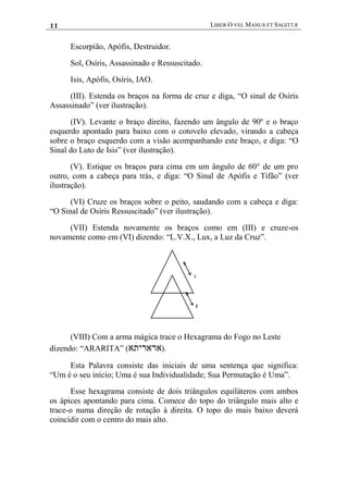 11 LIBER O VEL MANUS ET SAGITTÆ
Escorpião, Apófis, Destruidor.
Sol, Osíris, Assassinado e Ressuscitado.
Isis, Apófis, Osíris, IAO.
(III). Estenda os braços na forma de cruz e diga, “O sinal de Osíris
Assassinado” (ver ilustração).
(IV). Levante o braço direito, fazendo um ângulo de 90º e o braço
esquerdo apontado para baixo com o cotovelo elevado, virando a cabeça
sobre o braço esquerdo com a visão acompanhando este braço, e diga: “O
Sinal do Luto de Isis” (ver ilustração).
(V). Estique os braços para cima em um ângulo de 60° de um pro
outro, com a cabeça para trás, e diga: “O Sinal de Apófis e Tifão” (ver
ilustração).
(VI) Cruze os braços sobre o peito, saudando com a cabeça e diga:
“O Sinal de Osíris Ressuscitado” (ver ilustração).
(VII) Estenda novamente os braços como em (III) e cruze-os
novamente como em (VI) dizendo: “L.V.X., Lux, a Luz da Cruz”.
(VIII) Com a arma mágica trace o Hexagrama do Fogo no Leste
dizendo: “ARARITA” ( ).
Esta Palavra consiste das iniciais de uma sentença que significa:
“Um é o seu início; Uma é sua Individualidade; Sua Permutação é Uma”.
Esse hexagrama consiste de dois triângulos equiláteros com ambos
os ápices apontando para cima. Comece do topo do triângulo mais alto e
trace-o numa direção de rotação à direita. O topo do mais baixo deverá
coincidir com o centro do mais alto.
 