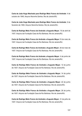 Carta de João Hugo Machado para Rodrigo Melo Franco de Andrade. 4 de
outubro de 1948. Arquivo Noronha Santos. Rio de Janeiro/RJ.


Carta de João Hugo Machado para Rodrigo Melo Franco de Andrade. 6 de
fevereiro de 1950. Arquivo Noronha Santos. Rio de Janeiro/RJ.


Carta de Rodrigo Melo Franco de Andrade a Augusto Meyer. 16 de abril de
1937. Arquivo da Fundação Casa de Rui Barbosa. Rio de Janeiro/RJ.


Carta de Rodrigo Melo Franco de Andrade a Augusto Meyer.15 de maio de
1937. Arquivo da Fundação Casa de Rui Barbosa. Rio de Janeiro/RJ.


Carta de Rodrigo Melo Franco de Andrade a Augusto Meyer. 26 de maio de
1937. Arquivo da Fundação Casa de Rui Barbosa. Rio de Janeiro/RJ.


Carta de Rodrigo Melo Franco de Andrade a Augusto Meyer. 4 de junho de
1937. Arquivo da Fundação Casa de Rui Barbosa. Rio de Janeiro/RJ.


Carta de Rodrigo Melo Franco de Andrade a Augusto Meyer. 12 de junho
de 1937. Arquivo da Fundação Casa de Rui Barbosa. Rio de Janeiro/RJ.


Carta de Rodrigo Melo Franco de Andrade a Augusto Meyer. 14 de junho
de 1937. Arquivo da Fundação Casa de Rui Barbosa. Rio de Janeiro/RJ.


Carta de Rodrigo Melo Franco de Andrade a Augusto Meyer. 22 de junho
de 1937. Arquivo da Fundação Casa de Rui Barbosa. Rio de Janeiro/RJ.


Carta de Rodrigo Melo Franco de Andrade a Augusto Meyer. 26 de junho
de 1937. Arquivo da Fundação Casa de Rui Barbosa. Rio de Janeiro/RJ.


Carta de Rodrigo Melo Franco de Andrade a Augusto Meyer. 31 de julho de
1937. Arquivo da Fundação Casa de Rui Barbosa. Rio de Janeiro/RJ.



                                                                       157
 