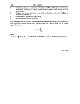 130 NBR 8800/86
F = tensão de cálculo no elemento enrijecido, em MPa, obtida por aproximações
sucessivas, dividindo-se a força normal de cálculo pela área efetiva Aef (ver
item E-3.2)
b = largura real de um elemento comprimido enrijecido, conforme 5.1.2.2.2, na
mesma unidade de "t"
bef = largura efetiva, na mesma unidade de "t"
t = espessura do elemento enrijecido
E-3.2 Determinadas as larguras efetivas de todos os elementos enrijecidos da seção, o
valor Qa é definido pela relação entre a área efetiva "Aef" e a área bruta "Ag" de toda a
seção da barra:
g
ef
a
A
A
Q
Onde:
t
b
b
A
A ef
g
ef (o somatório estende-se a todos os elementos enrijecidos)
/ANEXO F
 