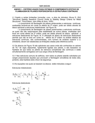 138 NBR 8800/86
ANEXO I CRITÉRIO USADO PARA ESTIMAR O COMPRIMENTO EFETIVO DE
FLAMBAGEM DE PILARES PERTENCENTES À ESTRUTURAS CONTÍNUAS
I-1 Sujeito a certas limitações (consultar, p.ex., a obra de Johnston, Bruce G. (Ed)
"Structural Stability Research Council Guide to Stability Design Criteria for Metal
Structures", Third Edition, John Wiley & Sons, 1976):
- o comprimento de flambagem de pilares pertencentes a estruturas contínuas,
analisadas levando-se em conta os efeitos de 2ª ordem, pode ser obtido através do
ábaco aplicável a estruturas indeslocáveis da Figura 18;
- o comprimento de flambagem de pilares pertencentes a estruturas contínuas,
as quais não são responsáveis pela estabilidade de outros pilares, analisadas sem
levar em conta efeitos de 2ª ordem, pode ser obtido através do ábaco aplicável a
estruturas deslocáveis da Figura 18. A utilização do ábaco de estruturas deslocáveis
permite que não se leve em conta os efeitos de 2ª ordem na análise elástica de
estruturas contínuas, não contraventadas, com número de andares superior a 2;
entretanto, devem ser obedecidas as limitações citadas pela referência acima.
I-2 Os ábacos da Figura 18 são aplicáveis aos casos onde são conhecidos os valores
de "I/L" de vigas adjacentes, rigidamente ligadas aos pilares, e são baseados na
hipótese de que todos os pilares da estrutura considerada são contínuos e estão
simultaneamente carregados com sua carga crítica de flambagem.
I-2.1 Nas estruturas comuns de edifícios, nem todos os pilares estarão solicitados por
cargas proporcionais àquelas que provocam a flambagem simultânea de todos eles;
portanto, esta hipótese está a favor da segurança.
I-3 As equações nas quais se baseiam os ábacos estão indicadas a seguir:
Estruturas indeslocáveis
1
K
K
2
tg
2
K
tg
K
1
2
G
G
K
4
G
G B
A
2
B
A
Estruturas deslocáveis
g
g
c
c
B
A
2
B
A
L
I
L
I
G
K
tg
K
)
G
G
(
6
36
K
G
G
 