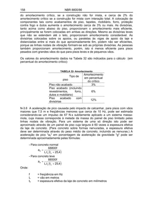 158 NBR 8800/86
do amortecimento crítico, se a construção não for mista, e cerca de 2% do
amortecimento crítico se a construção for mista com interação total. A colocação de
componentes tais como acabamentos de piso, tapetes, mobiliário, forro, proteção
contra fogo e dutos aumenta o amortecimento cerca de 3% ou mais. As divisórias,
tanto acima como abaixo do piso, proporcionam o amortecimento mais eficiente,
principalmente se forem colocadas em ambas as direções. Mesmo as divisórias leves
que não se estendem até o teto, proporcionam amortecimento considerável. As
divisórias colocadas sobre os apoios, ou paralelas às vigas de apoio da laje e
distanciadas entre si mais do que aproximadamente 6m, podem não ser eficientes,
porque as linhas nodais de vibração formam-se sob as próprias divisórias. As pessoas
também proporcionam amortecimento, porém, isto é menos eficiente para pisos
pesados com grandes vãos do que para pisos leves e de pequenos vãos.
Os valores do amortecimento dados na Tabela 32 são indicados para o cálculo (em
percentual do amortecimento crítico):
TABELA 32- Amortecimento
Tipo de
piso
Amortecimento
em percentual
do crítico
Piso não acabado 3%
Piso acabado (incluindo
revestimentos, forro,
dutos e mobiliário)
6%
Piso acabado com
divisórias
12%
N-3.6 A aceleração de pico causada pelo impacto de calcanhar, para pisos com vãos
maiores que 7,5 m e freqüências menores que cerca de 10 Hz, pode ser estimada
considerando-se um impulso de 67 N.s subitamente aplicado a um sistema massa-
mola, cuja massa corresponde à metade da massa do painel de piso limitado pelas
linhas nodais de vibração. Para um sistema de uma só direção isto pode ser
aproximado através de um painel de piso cuja largura é 60 vezes a espessura efetiva
da laje de concreto. (Para concreto sobre formas nervuradas, a espessura efetiva
deve ser determinada através do peso médio de concreto, incluindo as nervuras.) A
aceleração de pico "a0" em porcentagem da aceleração da gravidade "g" pode ser
determinada aproximadamente pelas fórmulas:
- Para concreto normal
4
,
25
t
t
.
L
f
68800
a
c
c
0
- Para concreto leve
4
,
25
t
t
.
L
f
88500
a
c
c
0
Onde:
f = freqüência em Hz
L = vão em metros
tc = espessura efetiva da laje de concreto em milímetros
 