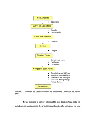 Meio Ambiente

                                        •   Isolamento

                     Cultivo em Laboratório

                                        •   Seleção
                                        •   Fermentação

                       Cultivos de produção

                                        •   Extração

                             Extratos

                                        •   Triagem

                         Primeiros Testes

                                        • Espectro de ação
                                        • Purificação
                                        • Elucidação
                                            t t l
                      Compostos puros Ativos

                                        •   Caracterização biológica
                                        •   Avaliação farmacológica
                                        •   Otimização da produção
                                        •   Avaliação da segurança
                                        •   Testes clínicos

                           Medicamento


FIGURA 1. Processo de desenvolvimento de antibióticos. Adaptado de Peláez
2005.



          Novas espécies, e inclusive gêneros têm sido descobertos a cada dia,

abrindo novas oportunidades. Os antibióticos conhecidos são produzidos por uma


                                                                           16
 