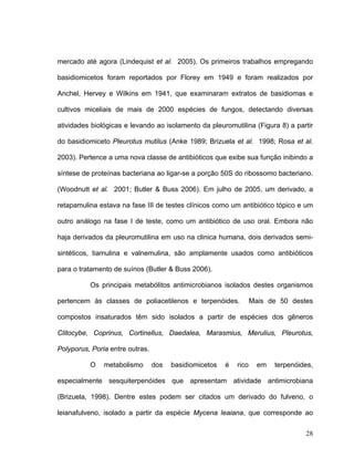mercado até agora (Lindequist et al. 2005). Os primeiros trabalhos empregando

basidiomicetos foram reportados por Florey em 1949 e foram realizados por

Anchel, Hervey e Wilkins em 1941, que examinaram extratos de basidiomas e

cultivos miceliais de mais de 2000 espécies de fungos, detectando diversas

atividades biológicas e levando ao isolamento da pleuromutilina (Figura 8) a partir

do basidiomiceto Pleurotus mutilus (Anke 1989; Brizuela et al. 1998; Rosa et al.

2003). Pertence a uma nova classe de antibióticos que exibe sua função inibindo a

síntese de proteínas bacteriana ao ligar-se a porção 50S do ribossomo bacteriano.

(Woodnutt et al. 2001; Butler & Buss 2006). Em julho de 2005, um derivado, a

retapamulina estava na fase III de testes clínicos como um antibiótico tópico e um

outro análogo na fase I de teste, como um antibiótico de uso oral. Embora não

haja derivados da pleuromutilina em uso na clinica humana, dois derivados semi-

sintéticos, tiamulina e valnemulina, são amplamente usados como antibióticos

para o tratamento de suínos (Butler & Buss 2006).

          Os principais metabólitos antimicrobianos isolados destes organismos

pertencem às classes de poliacetilenos e terpenóides.              Mais de 50 destes

compostos insaturados têm sido isolados a partir de espécies dos gêneros

Clitocybe, Coprinus, Cortinellus, Daedalea, Marasmius, Merulius, Pleurotus,

Polyporus, Poria entre outras.

          O    metabolismo       dos   basidiomicetos   é   rico     em   terpenóides,

especialmente sesquiterpenóides que apresentam atividade antimicrobiana

(Brizuela, 1998). Dentre estes podem ser citados um derivado do fulveno, o

leianafulveno, isolado a partir da espécie Mycena leaiana, que corresponde ao

                                                                                   28
 