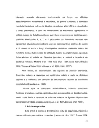 pigmento    amarelo     alaranjado    predominante      no    fungo;    os    aldeídos

sesquiterpênicos marasmanos e lactaranos, do gênero Lactarius; o composto

merulidial, isolado de cultivos de Merulius tremellosus; a hipnofilina, o pleurotelol e

o ácido pleurotélico, a partir de fermentações de Pleurotellus hypnophilus; o

colibial, isolado de Collybia confluens, que inibe o crescimento de bactérias gram-

positivas; enokipodins A, B, C e D produzidos por Flamulinna velutipes que

apresentam atividade antimicrobiana sobre as bactérias Gram-positivas B. subtilis

e S. aureus e sobre o fungo Cladosporium herbarum; meleolido isolado de

Armillaria mellea; illudin isolada de Clytocybe illudens e Lampteromyces japonicus;

6-desoxiludina M isolada de Pleurotus japonicus; e velleral e isovelleral de

Lactarius vellereus, (Midland et al. 1982; Hara et al. 1987; Abate 1994; Brizuela

1998; Wasser & Weiss 1999, Ishikawa et al. 2000, 2001, 2001b).

      Além destes, os basidiomicetos são capazes de produzir diterpenos.

Exemplos incluem a cavipetina, um antifúngico isolado a partir de Boletinus

capines e a omfalona, um derivado de benzoquinona isolado de Lentinellus

omphalodes (Brizuela et al. 1998).

        Outros tipos de compostos antimicrobianos, incluindo compostos

fenólicos, aromáticos, purinas e pirimidinas tem sido descritos em Basidiomicetos,

assim como, fenóis e derivados de quinonas isolados de Agaricus bisporus que

demonstram atividade antibacteriana (Vogel et al. 1974, Brizuela et al. 1998).

           2.9 Ordem Agaricales

           Esta ordem é extensa e diversificada e inclui os cogumelos, inclusive a

maioria utilizada para cultivos comerciais (Herrera & Ulloa 1997, Raven 2004,

                                                                                    29
 