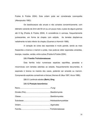 Putzke & Putzke 2004). Esta ordem pode ser considerada cosmopolita

(Alexopoulos 1962).

               Os basidiocarpos são anuais e não zonados concentricamente, com

diâmetro variando de 2mm até 50 cm ou um pouco mais, e peso de alguns gramas

até 8 Kg (Putzke & Putzke 2004). A consistência é carnosa, frequentemente

putrescentes, em forma de chapéu com estípite.                               As lamelas dispõem-se

radialmente no lado inferior do chapéu (Guerrero e Homrich 1996).

               A variação de cores das esporadas é muito grande, sendo as mais

freqüentes a branca e marrom a preta, mas pode-se obter esporadas amarelas,

laranjas, rosadas, verdes, entre outras (Putzke & Putzke 2004).

               2.9.1 Família Tricholomataceae

               Esta família inclui numerosas espécies saprófitas, parasitas e

micorrízicas com lamelas aderidas ao estípite, frequentemente decurrentes. A

esporada é branca na maioria dos casos, podendo ser amarela ou marrom.

Compreende espécies comestíveis e tóxicas (Herrera & Ulloa 1997, Arora 1986).

               2.9.1.1 Lentinula edodes (Berk.) Sing

               2.9.1.2 Posição taxonômica

Reino.............................................................Fungi

Divisão (Filo).................................................Basidiomycota

Classe...........................................................Basidiomycetes

Subclasse.....................................................Holobasidiomycetidae

Ordem...........................................................Agaricales

Família.........................................................Tricholomataceae

                                                                                                30
 