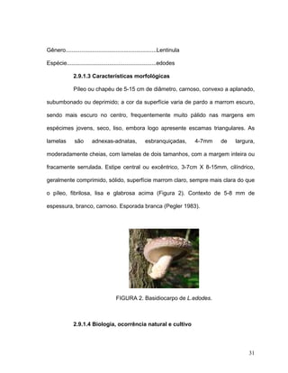 Gênero..........................................................Lentinula

Espécie.........................................................edodes

              2.9.1.3 Características morfológicas

              Píleo ou chapéu de 5-15 cm de diâmetro, carnoso, convexo a aplanado,

subumbonado ou deprimido; a cor da superfície varia de pardo a marrom escuro,

sendo mais escuro no centro, frequentemente muito pálido nas margens em

espécimes jovens, seco, liso, embora logo apresente escamas triangulares. As

lamelas        são      adnexas-adnatas,              esbranquiçadas,       4-7mm   de   largura,

moderadamente cheias, com lamelas de dois tamanhos, com a margem inteira ou

fracamente serrulada. Estipe central ou excêntrico, 3-7cm X 8-15mm, cilíndrico,

geralmente comprimido, sólido, superfície marrom claro, sempre mais clara do que

o píleo, fibrilosa, lisa e glabrosa acima (Figura 2). Contexto de 5-8 mm de

espessura, branco, carnoso. Esporada branca (Pegler 1983).




                                      FIGURA 2. Basidiocarpo de L.edodes.



              2.9.1.4 Biologia, ocorrência natural e cultivo




                                                                                              31
 