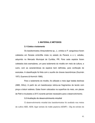 3. MATERIAL E MÉTODOS

          3.1 Coleta e isolamento

          Os basidiomicetos Amauroderma sp., L. crinitus e P. sanguineus foram

coletados em floresta ombrófila mista no estado do Paraná, e o L. edodes,

adquirido no Mercado Municipal de Curitiba, PR. Para cada espécie foram

coletados dois exemplares, um para isolamento do micélio em meio de cultura, e

outro, com as características da espécie bem definidas, para confecção de

exsicatas. A classificação foi feita com o auxílio de chaves taxonômicas (Guzmán

1973, Guerrero & Homrich 1996).

          Para o isolamento do micélio, foi utilizado o meio ágar batata dextrose

(ABD, Difco). A partir de um basidiocarpo retirou-se fragmentos de tecido com

pinça e bisturi estéreis. Estes foram colocados na superfície do meio, em placas

de Petri e incubados a 25°C durante período necessário para o desenvolvimento.

          3.2 Avaliação do desenvolvimento micelial

          O desenvolvimento micelial dos basidiomicetos foi avaliado nos meios

de cultivo ABD, AEM, Agar extrato de malte peptona (AEMP) - 30g de extrato de




                                                                              41
 