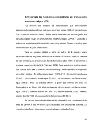 3.9 Separação dos metabólitos antimicrobianos por cromatografia

           em camada delgada (CCD)

           Os micélios das espécies de basidiomicetos que apresentaram

atividade antimicrobiana foram cultivados em maior escala (500 ml) para extração

dos compostos antimicrobianos. Estes foram separados por cromatografia em

camada delgada (CCD) em cromatofolhas (Machery-Nagel, GUV 254) utilizando o

sistema de solventes orgânicos definido para cada extrato. Para as cromatografias

foram utilizados 10µl de cada extrato.

           Para os extratos obtidos a partir do cultivo de L. edodes foram

experimentados os seguintes sistemas de solvente: clorofórmio, acetona, acetato

de etila e metanol, na proporção de 40:5:5:2 (Ishikawa et al. 2001) e clorofórmio e

acetona, na proporção de 96:4 (Tokimoto 1987). Para os extratos obtidos a partir

dos cultivos em CEM, CEMP de Amauroderma sp. foram testados os seguintes

solventes: acetato de etila:metanol:água 100:13,5:10; clorofórmio:etanol:água

80:40:5;   diclorometano:etanol:água 80:40:5;    diclorometano:clorofórmio:etanol:

água 22:8:6:1. Para os extratos obtidos a partir dos cultivos em CBD de

Amauroderma sp. foram utilizados os sistemas: diclorometano:clorofórmio:etanol:

água 22:8:6:1; acetona:acetato de etila 3:1; hexano:acetona 70:30; hexano:

acetato de etila 70:30 e hexano:acetona:diclorometano 50:30:15.

           As bandas foram visualizadas sob luz ultravioleta nos comprimentos de

onda de 254nm e 365 nm sendo após reveladas com anisaldeído sulfúrico. As

cromatografias foram fotografadas e arquivados em meio eletrônico.




                                                                                45
 