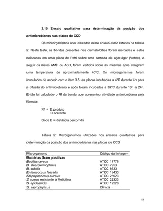 3.10 Ensaio qualitativo para determinação da posição dos

antimicrobianos nas placas de CCD

           Os microrganismos alvo utilizados neste ensaio estão listados na tabela

2. Neste teste, as bandas presentes nas cromatofolhas foram marcadas e estas

colocadas em uma placa de Petri sobre uma camada de ágar-ágar (Vetec). A

seguir os meios AMH ou ASD, foram vertidos sobre as mesmas após atingirem

uma temperatura de aproximadamente           40ºC.    Os   microrganismos   foram

inoculados de acordo com o item 3.5, as placas incubadas a 4ºC durante 4h para

a difusão do antimicrobiano e após foram incubadas a 37ºC durante 18h a 24h.

Então foi calculado o Rf da banda que apresentou atividade antimicrobiana pela

fórmula:

           Rf = D produto
                D solvente

           Onde D = distância percorrida



           Tabela 2. Microrganismos utilizados nos ensaios qualitativos para

determinação da posição dos antimicrobianos nas placas de CCD


Microrganismo                                        Código da linhagem
Bactérias Gram positivas
Bacillus cereus                                      ATCC 11778
B. stearotermophilus                                 ATCC 7953
B. subtilis                                          ATCC 6633
Enterococcus faecalis                                ATCC 19433
Staphylococcus aureus                                ATCC 25923
S aureus resistente à Meticilina                     ATCC 22323
S. epidermidis                                       ATCC 12228
S. saprophyticus                                     Clínica


                                                                               46
 