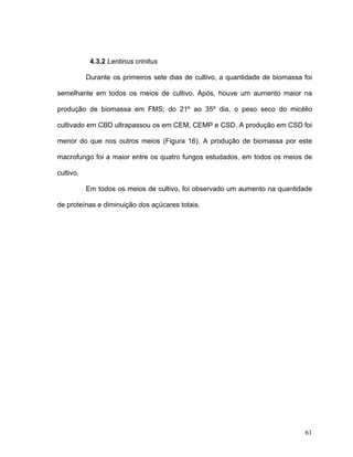 4.3.2 Lentinus crinitus

           Durante os primeiros sete dias de cultivo, a quantidade de biomassa foi

semelhante em todos os meios de cultivo. Após, houve um aumento maior na

produção de biomassa em FMS; do 21º ao 35º dia, o peso seco do micélio

cultivado em CBD ultrapassou os em CEM, CEMP e CSD. A produção em CSD foi

menor do que nos outros meios (Figura 16). A produção de biomassa por este

macrofungo foi a maior entre os quatro fungos estudados, em todos os meios de

cultivo.

           Em todos os meios de cultivo, foi observado um aumento na quantidade

de proteínas e diminuição dos açúcares totais.




                                                                               61
 