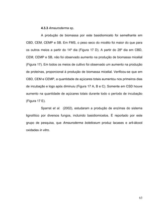 4.3.3 Amauroderma sp.

           A produção de biomassa por este basidiomiceto foi semelhante em

CBD, CEM, CEMP e SB. Em FMS, o peso seco do micélio foi maior do que para

os outros meios a partir do 14º dia (Figura 17 D). A partir do 28º dia em CBD,

CEM, CEMP e SB, não foi observado aumento na produção de biomassa micelial

(Figura 17). Em todos os meios de cultivo foi observado um aumento na produção

de proteínas, proporcional à produção de biomassa micelial. Verificou-se que em

CBD, CEM e CEMP, a quantidade de açúcares totais aumentou nos primeiros dias

de incubação e logo após diminuiu (Figura 17 A, B e C). Somente em CSD houve

aumento na quantidade de açúcares totais durante todo o período de incubação

(Figura 17 E).

           Sparrat et al. (2002), estudaram a produção de enzimas do sistema

lignolítico por diversos fungos, incluindo basidiomicetos. É reportado por este

grupo de pesquisa, que Amauroderma boleticeum produz lacases e aril-álcool

oxidades in vitro.




                                                                            63
 