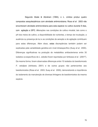 Segundo Abate & Abraham (1994), o L. crinitus produz quatro

compostos sesquiterpênicos com atividade antimicrobiana. Rosa et al. 2003 não

encontraram atividade antimicrobiana para esta espécie no cultivo durante 9 dias,

com agitação a 28ºC. Alterações nas condições de cultivo micelial, tais como o

pH dos meios de cultivo, a disponibilidade de nutrientes, o tempo de incubação, a

ausência ou presença de luz e as condições de aeração e de agitação contribuem

para estas diferenças. Além disso, estas discrepâncias também podem ser

explicadas pela variabilidade genética em nível intraespecífico (Suay et al. 2000).

Diferenças significativas na produção de metabólitos antibacterianos entre 35

isolados co-específicos de L. edodes foram reportadas por Ishikawa et al. (2001a).

Da mesma forma, foram observadas diferenças entre 10 isolados do basidiomiceto

F. velutipes (Ishikawa, 2001) e de outros grupos não pertencentes aos

basidiomicetos (Rosa et al. 2003, Suay et al. 2000), demonstrando a importância

do isolamento da manutenção de diversas linhagens de basidiomicetos da mesma

espécie.




                                                                                70
 