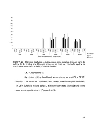 55

                                       50

                                       45
Diâmentro dos halos de inibição (mm)




                                       40

                                       35

                                       30

                                       25

                                       20

                                       15

                                       10

                                       5

                                       0
                                            CBD




                                                                            CBD




                                                                                                            CBD




                                                                                                                                             CBD




                                                                                                                                                                              CBD




                                                                                                                                                                                                            CBD
                                                                 FMS

                                                                       SB




                                                                                                 FMS

                                                                                                       SB




                                                                                                                                  FMS

                                                                                                                                        SB




                                                                                                                                                                   FMS

                                                                                                                                                                         SB




                                                                                                                                                                                                 FMS

                                                                                                                                                                                                       SB




                                                                                                                                                                                                                               FMS

                                                                                                                                                                                                                                      SB
                                                  CEM




                                                                                  CEM




                                                                                                                  CEM




                                                                                                                                                   CEM




                                                                                                                                                                                    CEM




                                                                                                                                                                                                                  CEM
                                                         CEMP




                                                                                          CEMP




                                                                                                                          CEMP




                                                                                                                                                           CEMP




                                                                                                                                                                                          CEMP




                                                                                                                                                                                                                        CEMP
                                                                                                                                                                                                                                           C. albicans
                                                        7 dias                          14 dias                         21 dias                          28 dias                      35 dias                       42 dias
                                                                                                                                                                                                                                           E. coli
                                                                                                            Meios de cultivo e período de incubação (dias)
                                                                                                                                                                                                                                           S. aureus




                                            FIGURA 22 – Diâmetro dos halos de inibição dado pelos extratos obtidos a partir do
                                            cultivo de L. crinitus em diferentes meios e períodos de incubação contra os
                                            microrganismos alvo C. albicans, E.coli e S. aureus.


                                                                        4.4.3 Amauroderma sp.

                                                                        Os extratos obtidos do cultivo de Amauroderma sp. em CEM e CEMP,

                                                  durante 21 dias inibiram o crescimento de S. aureus. No entanto, quando cultivado

                                                  em CBD, durante o mesmo período, demonstrou atividade antimicrobiana contra

                                                  todos os microrganismos alvo (Figuras 23 e 24).




                                                                                                                                                                                                                                     71
 