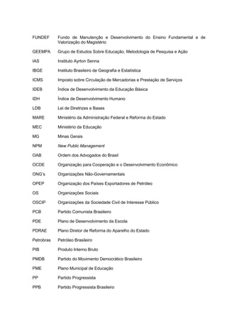 9
FUNDEF Fundo de Manutenção e Desenvolvimento do Ensino Fundamental e de
Valorização do Magistério
GEEMPA Grupo de Estudos Sobre Educação, Metodologia de Pesquisa e Ação
IAS Instituto Ayrton Senna
IBGE Instituto Brasileiro de Geografia e Estatística
ICMS Imposto sobre Circulação de Mercadorias e Prestação de Serviços
IDEB Índice de Desenvolvimento da Educação Básica
IDH Índice de Desenvolvimento Humano
LDB Lei de Diretrizes e Bases
MARE Ministério da Administração Federal e Reforma do Estado
MEC Ministério da Educação
MG Minas Gerais
NPM New Public Management
OAB Ordem dos Advogados do Brasil
OCDE Organização para Cooperação e o Desenvolvimento Econômico
ONG’s Organizações Não-Governamentais
OPEP Organização dos Países Exportadores de Petróleo
OS Organizações Sociais
OSCIP Organizações da Sociedade Civil de Interesse Público
PCB Partido Comunista Brasileiro
PDE Plano de Desenvolvimento da Escola
PDRAE Plano Diretor de Reforma do Aparelho do Estado
Petrobras Petróleo Brasileiro
PIB Produto Interno Bruto
PMDB Partido do Movimento Democrático Brasileiro
PME Plano Municipal de Educação
PP Partido Progressista
PPB Partido Progressista Brasileiro
 
