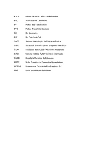 10
PSDB Partido da Social Democracia Brasileira
PSO Public Service Orientation
PT Partido dos Trabalhadores
PTB Partido Trabalhista Brasileiro
RJ Rio de Janeiro
RS Rio Grande do Sul
SAEB Sistema de Avaliação de Educação Básica
SBPC Sociedade Brasileira para o Progresso da Ciência
SEAF Sociedade de Estudos e Atividades Filosóficas
SIASI Sistema Instituto Ayrton Senna de Informação
SMED Secretaria Municipal de Educação
UBES União Brasileira de Estudantes Secundaristas
UFRGS Universidade Federal do Rio Grande do Sul
UNE União Nacional dos Estudantes
 