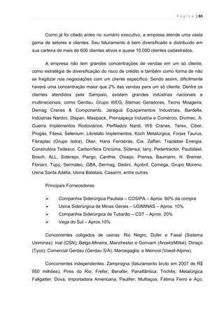 P á g i n a | 65
Como já foi citado antes no sumário executivo, a empresa atende uma vasta
gama de setores e clientes. Seu faturamento é bem diversificado e distribuído em
sua carteira de mais de 600 clientes ativos e quase 10.000 clientes cadastrados.
A empresa não tem grandes concentrações de vendas em um só cliente,
como estratégia de diversificação do risco de crédito e também como forma de não
se fragilizar nas negociações com um cliente específico. Sendo assim, dificilmente
haverá uma concentração maior que 2% das vendas para um só cliente. Dentre os
clientes atendidos pela Sampaio, existem grandes indústrias nacionais e
multinacionais, como Gerdau, Grupo WEG, Stemac Geradores, Tecno Moageira,
Demag Cranes & Components, Jaraguá Equipamentos Industriais, Bardella,
Indústrias Nardini, Dispan, Masipack, Prensapeça Indústria e Comércio, Divimec, A.
Guerra Implementos Rodoviários, Perfilados Nardi, WS Cranes, Terex, Ciber,
Progás, Fitesa, Selenium, Librelato Implementos, Koch Metalúrgica, Forjas Taurus,
Fibraplac (Grupo Isdra), Otan, Hans Ferrabrás, Cia. Zaffari, Tractebel Energia,
Construtora Tedesco, Carbonífera Criciúma, Sidersul, Iany, Pedertractor, Paulisteel,
Bosch, ALL, Sideraço, Piergo, Canthie, Oxiaço, Prensa, Baumann, H. Bremer,
Floriani, Tupy, Sermatec, GBA, Sermag, Dedini, Açobril, Comega, Grupo Moreno,
Usina Santa Adélia, Usina Batatais, Casarini, entre outras.
Principais Fornecedores:
 Companhia Siderúrgica Paulista – COSIPA – Aprox. 60% da compra
 Usina Siderúrgica de Minas Gerais – USIMINAS – Aprox. 10%
 Companhia Siderúrgica de Tubarão – CST – Aprox. 20%
 Vega do Sul – Aprox.10%
Concorrentes coligados de usinas: Rio Negro, Dufer e Fasal (Sistema
Usiminas); Inal (CSN); Belgo-Mineira, Manchester e Gonvarri (ArcelorMittal); Dinaço
(Tyco); Comercial Gerdau (Gerdau S/A); Marcegaglia; e Meincol (Voest-Alpine).
Concorrentes independentes: Zamprogna (faturamento bruto em 2007 de R$
950 milhões); Pires do Rio; Frefer; Benafer; Panatlântica; Trichês; Metalúrgica
Fallgatter; Dova; Importadora Americana; Paulifer; Multiaços; Fátima Ferro e Aço;
 