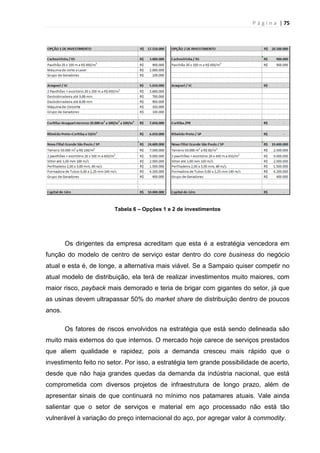 P á g i n a | 75
Tabela 6 – Opções 1 e 2 de investimentos
Os dirigentes da empresa acreditam que esta é a estratégia vencedora em
função do modelo de centro de serviço estar dentro do core business do negócio
atual e esta é, de longe, a alternativa mais viável. Se a Sampaio quiser competir no
atual modelo de distribuição, ela terá de realizar investimentos muito maiores, com
maior risco, payback mais demorado e teria de brigar com gigantes do setor, já que
as usinas devem ultrapassar 50% do market share de distribuição dentro de poucos
anos.
Os fatores de riscos envolvidos na estratégia que está sendo delineada são
muito mais externos do que internos. O mercado hoje carece de serviços prestados
que aliem qualidade e rapidez, pois a demanda cresceu mais rápido que o
investimento feito no setor. Por isso, a estratégia tem grande possibilidade de acerto,
desde que não haja grandes quedas da demanda da indústria nacional, que está
comprometida com diversos projetos de infraestrutura de longo prazo, além de
apresentar sinais de que continuará no mínimo nos patamares atuais. Vale ainda
salientar que o setor de serviços e material em aço processado não está tão
vulnerável à variação do preço internacional do aço, por agregar valor à commodity.
 