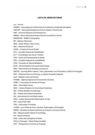 P á g i n a | 9
LISTA DE ABREVIATURAS
a.a. – Ao ano
APIMEC – Associação dos Profissionais de Investimento do Mercado de Capitais
ABVCAP – Associação Brasileira de Venture Capital e Private Equity
ARD – American Research and Development
BNDES – Banco Nacional de Desenvolvimento Econômico e Social
BNDESPAR – BNDES Participações
BP – Balanço Patrimonial
BRIC – Brasil, Rússia, Índia e China
BSC – Balanced Scorecard
CAGR – Compound Annual Growth
CFC – Conselho Federal de Contabilidade
CLT – Consolidação das Leis do Trabalho
CPD – Centro de Processamento de Dados
CRC – Conselho Regional de Contabilidade
CVM – Comissão de Valores Mobiliários
DFPs – Demonstrações Financeiras Padronizadas
DRE – Demonstrativo de Resultado do Exercício
EBITDA – Earnings Before Interest, Taxes, Depreciation and Amortization LAJIDA em Português
ERP – Enterprise Resource Planning, ou sistema de gestão integrado
EUA – Estados Unidos da América
FINAME – Agência Especial de Financiamento Industrial
FINEP – Financiadora de Estudos e Projetos
IANs – Informações Anuais
IBGC – Instituto Brasileiro de Governança Corporativa
IBS – Instituto Brasileiro de Siderurgia
IEE – Instituto de Estudos Empresariais
IISI – International Iron and Steel Institute
INDA – Instituto Nacional dos Distribuidores de Aço
IPO – Initial Public Offer
ITRs – Informações Trimestrais
LAJIDA – Lucro Antes de Juros, Impostos, Depreciação e Amortização
MDICE – Ministério de Desenvolvimento da Indústria e Comércio Exterior
MIT – Massachussets Institute of Technology
NP – Nota Promissória
OAB – Ordem dos Advogados do Brasil
OPA em Português - Oferta Pública de Ações
PCP – Planejamento e Controle da Produção
 