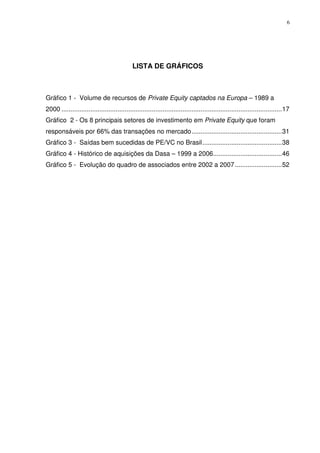 6
LISTA DE GRÁFICOS
Gráfico 1 - Volume de recursos de Private Equity captados na Europa – 1989 a
2000 ..........................................................................................................................17
Gráfico 2 - Os 8 principais setores de investimento em Private Equity que foram
responsáveis por 66% das transações no mercado..................................................31
Gráfico 3 - Saídas bem sucedidas de PE/VC no Brasil............................................38
Gráfico 4 - Histórico de aquisições da Dasa – 1999 a 2006......................................46
Gráfico 5 - Evolução do quadro de associados entre 2002 a 2007..........................52
 