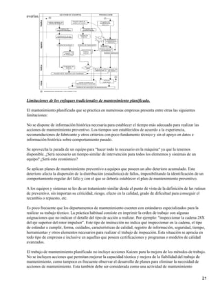 averías.




Limitaciones de los enfoques tradicionales de mantenimiento planificado.

El mantenimiento planificado que se practica en numerosas empresas presenta entre otras las siguientes
limitaciones:

No se dispone de información histórica necesaria para establecer el tiempo más adecuado para realizar las
acciones de mantenimiento preventivo. Los tiempos son establecidos de acuerdo a la experiencia,
recomendaciones de fabricante y otros criterios con poco fundamento técnico y sin el apoyo en datos e
información histórica sobre comportamiento pasado.

Se aprovecha la parada de un equipo para "hacer todo lo necesario en la máquina" ya que la tenemos
disponible. ¿Será necesario un tiempo similar de intervención para todos los elementos y sistemas de un
equipo? ¿Será esto económico?

Se aplican planes de mantenimiento preventivo a equipos que poseen un alto deterioro acumulado. Este
deterioro afecta la dispersión de la distribución (estadística) de fallos, imposibilitando la identificación de un
comportamiento regular del fallo y con el que se debería establecer el plan de mantenimiento preventivo.

A los equipos y sistemas se les da un tratamiento similar desde el punto de vista de la definición de las rutinas
de preventivo, sin importan su criticidad, riesgo, efecto en la calidad, grado de dificultad para conseguir el
recambio o repuesto, etc.

Es poco frecuente que los departamentos de mantenimiento cuenten con estándares especializados para la
realizar su trabajo técnico. La práctica habitual consiste en imprimir la orden de trabajo con algunas
asignaciones que no indican el detalle del tipo de acción a realizar. Por ejemplo: "inspeccionar la cadena 28X
del eje superior del rotor impulsor". Este tipo de instrucción no indica qué inspeccionar en la cadena, el tipo
de estándar a cumplir, forma, cuidados, características de calidad, registro de información, seguridad, tiempo,
herramientas y otros elementos necesarios para realizar el trabajo de inspección. Esta situación se aprecia en
todo tipo de empresas e inclusive en aquellas que poseen certificaciones y programas o modelos de calidad
avanzados.

El trabajo de mantenimiento planificado no incluye acciones Kaizen para la mejora de los métodos de trabajo.
No se incluyen acciones que permitan mejorar la capacidad técnica y mejora de la fiabilidad del trabajo de
mantenimiento, como tampoco es frecuente observar el desarrollo de planes para eliminar la necesidad de
acciones de mantenimiento. Esta también debe ser considerada como una actividad de mantenimiento

                                                                                                                 21
 