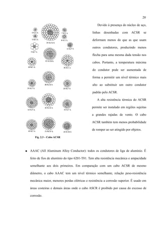 20
Devido à presença do núcleo de aço,
linhas desenhadas com ACSR se
deformam menos do que as que usam
outros condutores, produzindo menos
flecha para uma mesma dada tensão nos
cabos. Portanto, a temperatura máxima
do condutor pode ser aumentada de
forma a permitir um nível térmico mais
alto ao substituir um outro condutor
padrão pelo ACSR.
A alta resistência térmica do ACSR
permite ser instalado em regiões sujeitas
a grandes rajadas de vento. O cabo
ACSR também tem menos probabilidade
de romper ao ser atingido por objetos.
Fig. 2.3 – Cabo ACSR
● AAAC (All Aluminum Alloy Conductor): todos os condutores de liga de alumínio. É
feito de fios de alumínio do tipo 6201-T81. Tem alta resistência mecânica e ampacidade
semelhante aos dois primeiros. Em comparação com um cabo ACSR de mesmo
diâmetro, o cabo AAAC tem um nível térmico semelhante, relação peso-resistência
mecânica maior, menores perdas elétricas e resistência a corrosão superior. É usado em
áreas costeiras e demais áreas onde o cabo ASCR é proibido por causa do excesso de
corrosão.
 