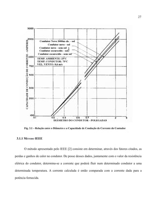 27
Fig. 3.1 – Relação entre o Diâmetro e a Capacidade de Condução de Corrente do Contudor
3.1.1 MÉTODO IEEE
O método apresentado pelo IEEE [2] consiste em determinar, através dos fatores citados, as
perdas e ganhos de calor no condutor. De posse desses dados, juntamente com o valor da resistência
elétrica do condutor, determina-se a corrente que poderá fluir num determinado condutor a uma
determinada temperatura. A corrente calculada é então comparada com a corrente dada para a
potência fornecida.
 