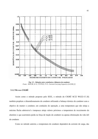 41
Fig. 3.3 – Relação entre resistência e diâmetro do condutor
Fonte: HOUSE, H. E; TUTTLE, P. D.. Current-Carrying Capacity of ACSR [1]
3.1.2 MÉTODO CIGRÉ
Assim como o método proposto pelo IEEE, o método do CIGRÉ SC22 WG22-12 [8]
também propõem o dimendionamento do condutor utilizando o balanço térmico do condutor com o
objetivo de manter o condutor, em condições de operação, a uma temperatura que não atinja a
máxima flecha admissível e tampouco atinja valores próximos a temperatura de recozimento do
alumínio o que acarretaria perda na força de tração do condutor ou apenas diminuição da vida útil
do condutor.
Como no método anterior, a temperatura do condutor dependerá da corrente de carga, das
 
