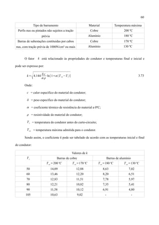 60
Tipo de barramento Material Temperatura máxima
Perfis nus ou pintados não sujeitos a tração
prévia
Cobre 200 ºC
Alumínio 180 ºC
Barras de subestações contituidas por cabos
nus, com tração prévia de 1000N/cm² ou mais
Cobre 170 ºC
Alumínio 130 ºC
O fator k está relacionado às propriedades do condutor e temperaturas final e inicial e
pode ser expresso por:
k=
4.144
c

⋅ln[1T cc−Ti] 3.73
Onde:
c = calor específico do material do condutor;
 = peso específico do material do condutor;
 = coeficiente térmico de resistência do material a 0ºC;
 = resistividade do material do condutor;
Ti = temperatura do condutor antes do curto-circuito;
Tcc = temperatura máxima admitida para o condutor.
Sendo assim, o coeficiente k pode ser tabelado de acordo com as temperaturas inicial e final
do condutor:
Valores de k
Ti Barras de cobre Barras de alumínio
Tcc=200ºC Tcc=170ºC Tcc=180ºC Tcc=130ºC
50 14,09 12,88 8,63 7,02
60 13,46 12,20 8,20 6,51
70 12,83 11,51 7,78 5,97
80 12,21 10,82 7,35 5,41
90 11,58 10,12 6,91 4,80
105 10,63 9,02 - -
 