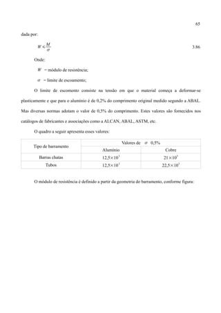 65
dada por:
W 
M

3.86
Onde:
W = módulo de resistência;
 = limite de escoamento;
O limite de escomento consiste na tensão em que o material começa a deformar-se
plasticamente e que para o alumínio é de 0,2% do comprimento original medido segundo a ABAL.
Mas diversas normas adotam o valor de 0,5% do comprimento. Estes valores são fornecidos nos
catálogos de fabricantes e associações como a ALCAN, ABAL, ASTM, etc.
O quadro a seguir apresenta esses valores:
Tipo de barramento
Valores de  0,5%
Alumínio Cobre
Barras chatas 12,5×10
3
21×10
3
Tubos 12,5×10
3
22,5×10
3
O módulo de resistência é definido a partir da geometria do barramento, conforme figura:
 