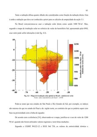 83
Tanto a radiação difusa quanto albedo são consideradas como função da radiação direta. Esta
é então a radiação que deve ser conhecida a priori para os cálculos de ampacidade da seção 3.1.
No Brasil convencionou-se usar a radiação solar direta como sendo 1000 W/m². Mas,
segundo o mapa de irradiação solar no solstício de verão do hemisfério Sul, apresentado pela ONS,
esse valor pode sofrer alterações (vide fig. 4.2).
Fig. 4.2 – Mapa de irradiação solar global no Brasil – solstício de verão
Fonte: atlas solarimétrico do brasil – UFPE
Pode-se notar que nos estados de São Paulo e Rio Grande do Sul, por exemplo, os índices
são maiores do que no estado do Piauí e da região norte, ao contrário do que se poderia supor com
base na proximidade com a linha do equador.
De acordo com a referência [31], observando-se o mapa, justifica-se o uso do valor de 1200
W/m², quando não forem utilizados valores regionais e nem feitas medições.
Segundo o CIGRÉ WG22-12 e IEEE Std 738, os valores de emissividade térmica e
 