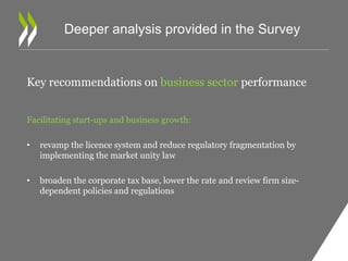 Deeper analysis provided in the Survey 
Key recommendations on business sector performance 
Facilitating start-ups and business growth: 
• revamp the licence system and reduce regulatory fragmentation by 
implementing the market unity law 
• broaden the corporate tax base, lower the rate and review firm size-dependent 
policies and regulations 
 