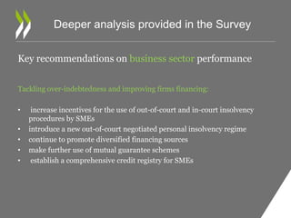 Deeper analysis provided in the Survey 
Key recommendations on business sector performance 
Tackling over-indebtedness and improving firms financing: 
• increase incentives for the use of out-of-court and in-court insolvency 
procedures by SMEs 
• introduce a new out-of-court negotiated personal insolvency regime 
• continue to promote diversified financing sources 
• make further use of mutual guarantee schemes 
• establish a comprehensive credit registry for SMEs 
 