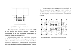133
Nos pavimentos-tipo, os escritórios com pé-direito de 2,70
m são divididos em tamanhos diferentes, conforme as
necessidades, e as suas subdivisões correspondem aos
montantes verticais das paredes-cortina.
Segundo Montaner (2001), os arranha-céus residenciais
de Mies foram a base formal e estrutural para a construção dos
edifícios administrativos e comerciais no mundo inteiro. Esses
arranha-céus tiveram a sua tipologia adotada posteriormente,
em função da sua flexibilidade espacial e economia de materiais.
Mies propôs uma planta retangular com cinco módulos de
vãos estruturais no sentido longitudinal e três módulos no
sentido transversal, malha utilizada anteriormente pelo arquiteto
em vários projetos de arranha-céus comerciais e residenciais
(Figura 4).
Figura 3. Edifício Seagram (pavimento- tipo)
Figura 4. Edifício 860 Lake Shore Drive (pavimento-tipo), 1948
 