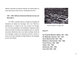 72
edifícios comerciais de estrutura reticular com grande altura; 4)
obras estruturais de vãos únicos e transparência de vidro.
1941 – 1952: Edifícios de Estrutura Reticular em Aço com
Baixa Altura
Em 1938, o arquiteto assumiu a direção da Faculdade de
Arquitetura do Instituto de Tecnologia (IIT) e em 1939 fez o
planejamento e o projeto do seu novo Campus, em Chicago,
com uma área equivalente a oito quarteirões, integrada à malha
urbana da cidade. Os edifícios são projetados como um conjunto
de prismas distribuídos sobre uma malha modulada, dentro de
uma linguagem moderna que expressa economia e técnica e
evoca os princípios alemães da antiga Werkbund, da integração
da arte e da indústria.
Obras IIT :
Ed. Pesquisas Minerais e Metais, 1941 – 1943;
Ed. Metalurgia e Química, 1941 – 1947;
Alumni Memorial Hall, 1945 – 1946;
Biblioteca e Administração, 1945 – 1946;
Central Térmica, 1948 – 1950;
Capela, 1949 – 1950;
Restaurante, 1952 – 1954;
Crown Hall, 1950 – 1956.
Figura 62. Campus IIT, Chicago, 1939
 