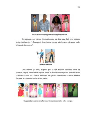 128




                     Grupo de bonecos negros formados pelas crianças


       Em seguida, um menino (6 anos) pegou os dois Max Stell e os colocou
juntos, justificando: “– Esses dois ficam juntos, porque são homens e brancos e são
brinquedo de menino!”.




                               Bonecos Max Stell


       Uma menina (6 anos) sugeriu que, já que haviam separado todos os
bonecos negros, deveríamos separar todas as Barbie em um grupo, pois elas eram
brancas e bonitas. As crianças aceitaram a sugestão e separaram todas as bonecas
Barbie e as que eram semelhantes a elas:




         Grupo de bonecas/os semelhantes a Barbie selecionados pelas crianças
 