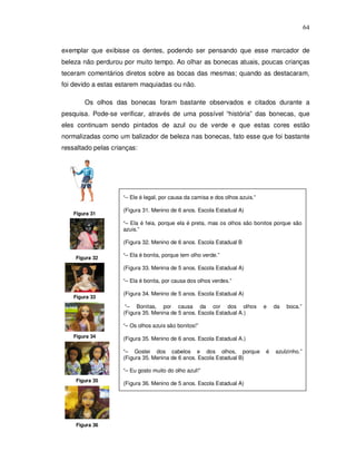 64


exemplar que exibisse os dentes, podendo ser pensando que esse marcador de
beleza não perdurou por muito tempo. Ao olhar as bonecas atuais, poucas crianças
teceram comentários diretos sobre as bocas das mesmas; quando as destacaram,
foi devido a estas estarem maquiadas ou não.

        Os olhos das bonecas foram bastante observados e citados durante a
pesquisa. Pode-se verificar, através de uma possível “história” das bonecas, que
eles continuam sendo pintados de azul ou de verde e que estas cores estão
normalizadas como um balizador de beleza nas bonecas, fato esse que foi bastante
ressaltado pelas crianças:




                     “– Ele é legal, por causa da camisa e dos olhos azuis.”

                     (Figura 31. Menino de 6 anos. Escola Estadual A)
    Figura 31
                     “– Ela é feia, porque ela é preta, mas os olhos são bonitos porque são
                     azuis.”

                     (Figura 32. Menino de 6 anos. Escola Estadual B

    Figura 32
                     “– Ela é bonita, porque tem olho verde.”

                     (Figura 33. Menina de 5 anos. Escola Estadual A)

                     “– Ela é bonita, por causa dos olhos verdes.”

                     (Figura 34. Menino de 5 anos. Escola Estadual A)
    Figura 33
                      “– Bonitas, por causa da cor dos olhos                   e   da   boca.”
                     (Figura 35. Menina de 5 anos. Escola Estadual A.)

                     “– Os olhos azuis são bonitos!”
    Figura 34        (Figura 35. Menino de 6 anos. Escola Estadual A.)

                     “– Gostei dos cabelos e dos olhos, porque                 é   azulzinho.”
                     (Figura 35. Menina de 6 anos. Escola Estadual B)

                     “– Eu gosto muito do olho azul!”
     Figura 35
                     (Figura 36. Menino de 5 anos. Escola Estadual A)




     Figura 36
 